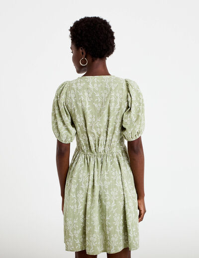 Robe droite courte col v manches courtes vert femme