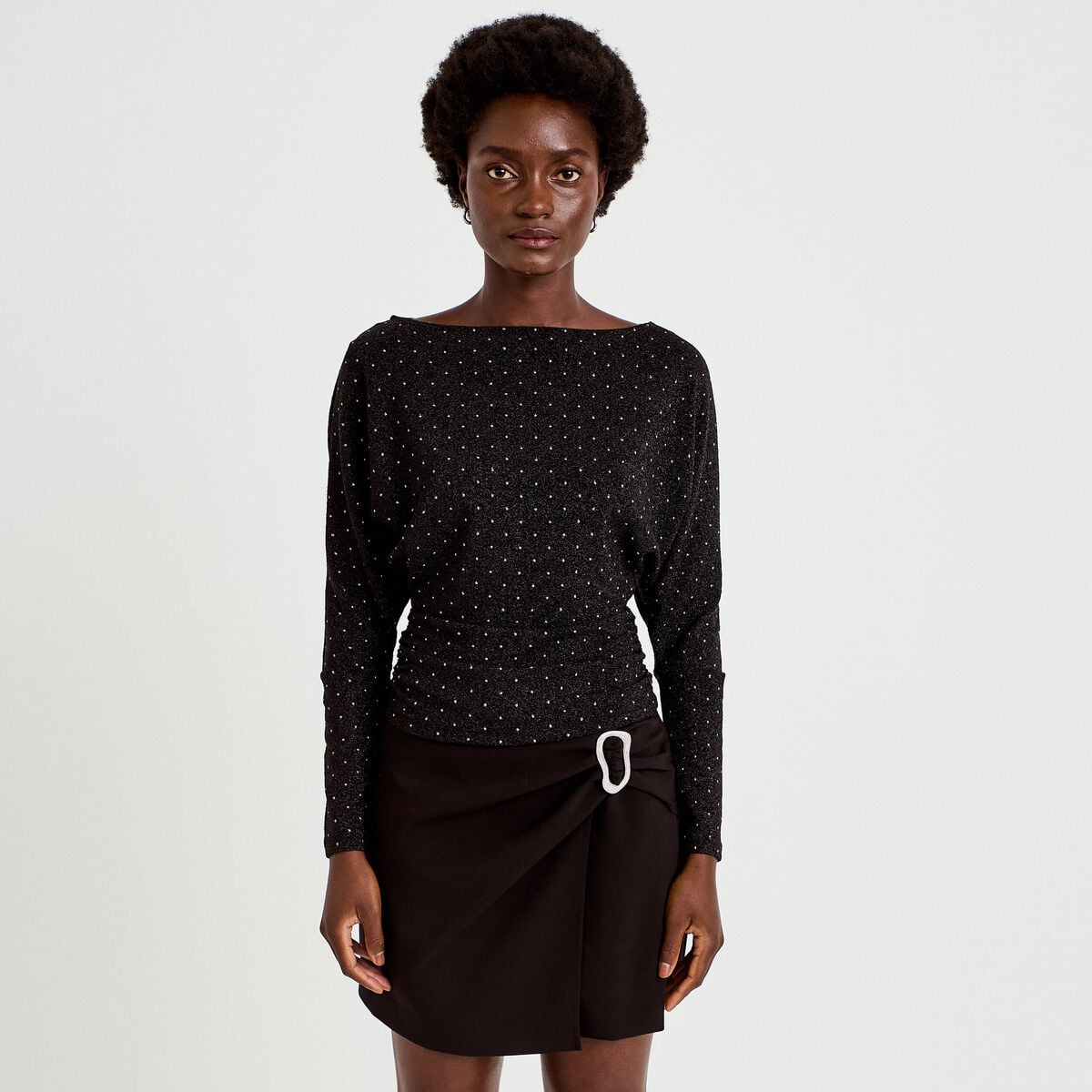 Top droit col bateau manches longues noir femme