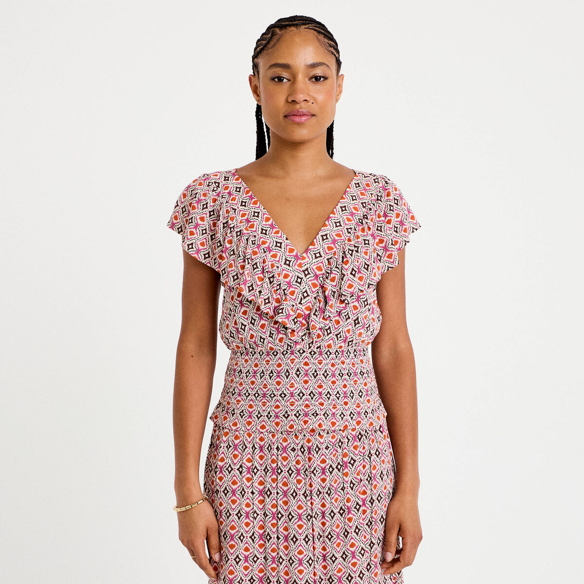 Blouse cintr&eacute;e cropped sans manches blanc femme