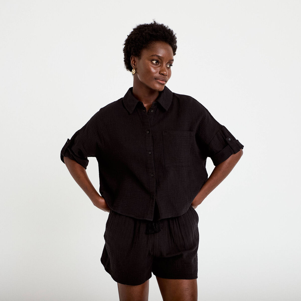 Chemise manches 3/4 noir femme