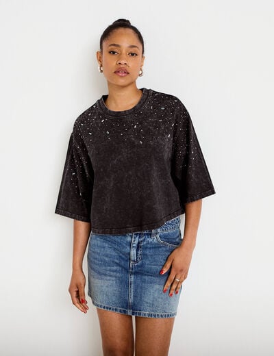 Jupe-short droite en jean denim double stone femme