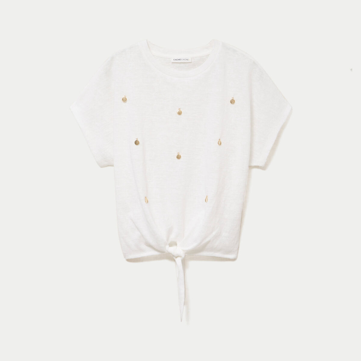 T-shirt col rond manches courtes noeuds ecru femme