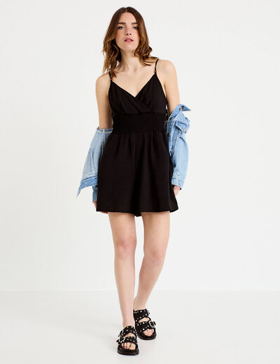 Combishort large col v fines bretelles noir femme