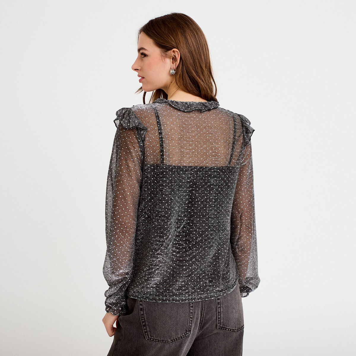 Blouse voile transparent paillet&eacute; gris argent femme