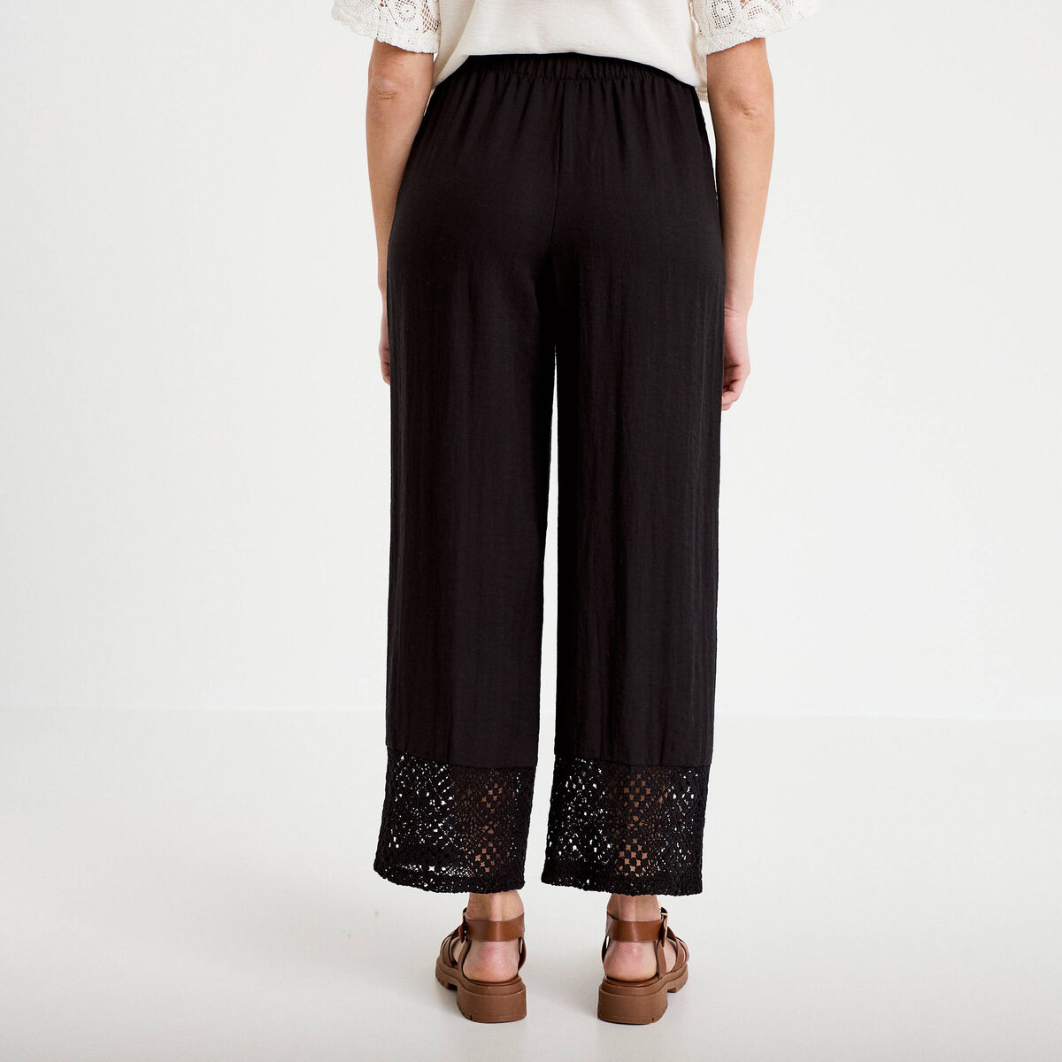 Pantalon large bi-mati&egrave;re pliss&eacute; noir femme