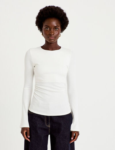T-shirt ajust&eacute; col rond manches longues ecru femme