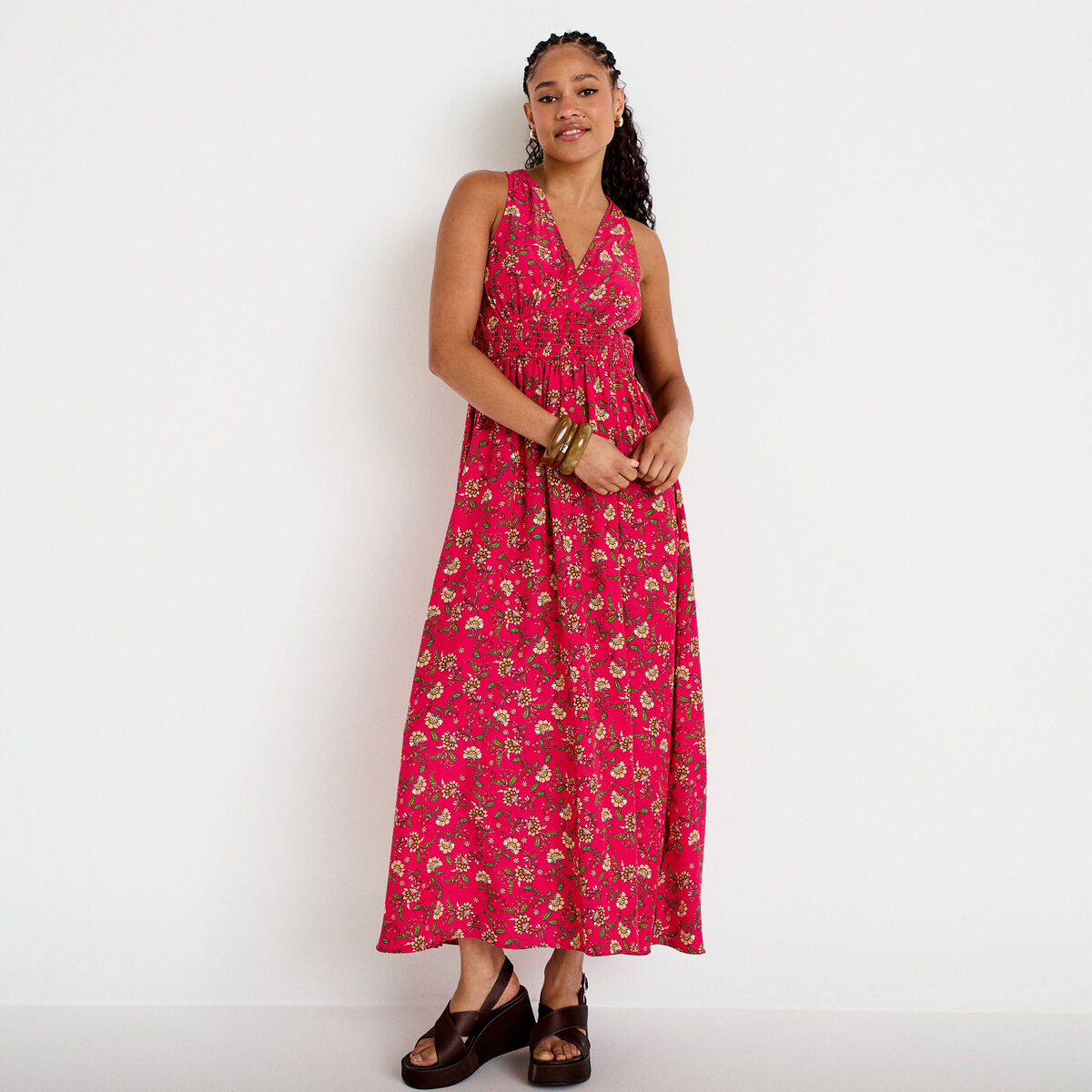 Robe longue &eacute;vas&eacute;e effet satin&eacute;e rose femme