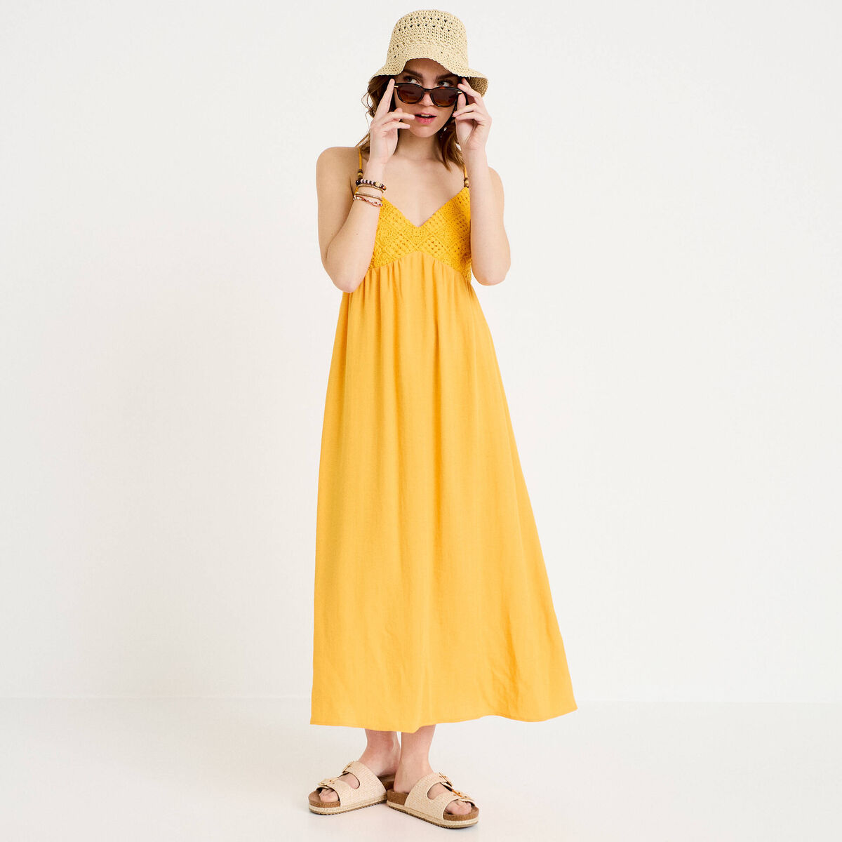 Robe bi-mati&egrave;re col v bretelles fines orange clair femme