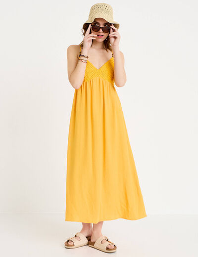 Robe bi-mati&egrave;re col v bretelles fines orange clair femme
