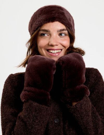 Set bandeau et gants fausse fourrure marron fonc&eacute; femme
