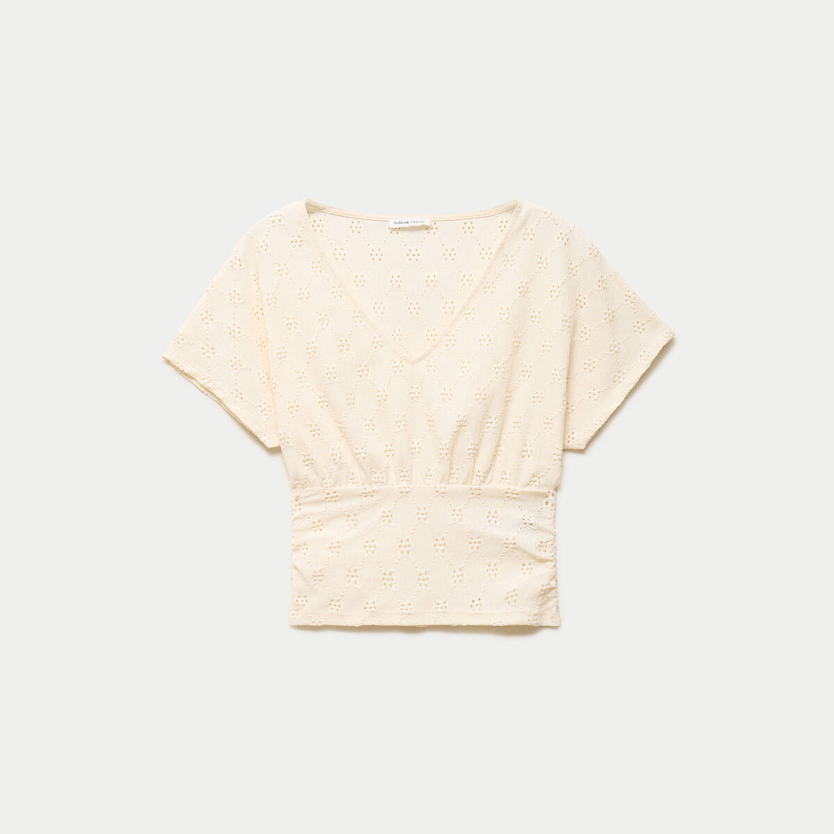 T-shirt ajour&eacute; col v manches courtes ecru femme