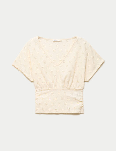 T-shirt ajour&eacute; col v manches courtes ecru femme
