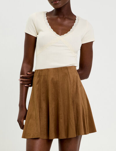 Jupe courte &eacute;vas&eacute;e aspect daim marron fonc&eacute; femme