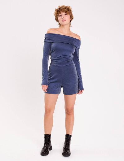 Combishort col bardot fils m&eacute;tallis&eacute;s bleu fonc&eacute; femme