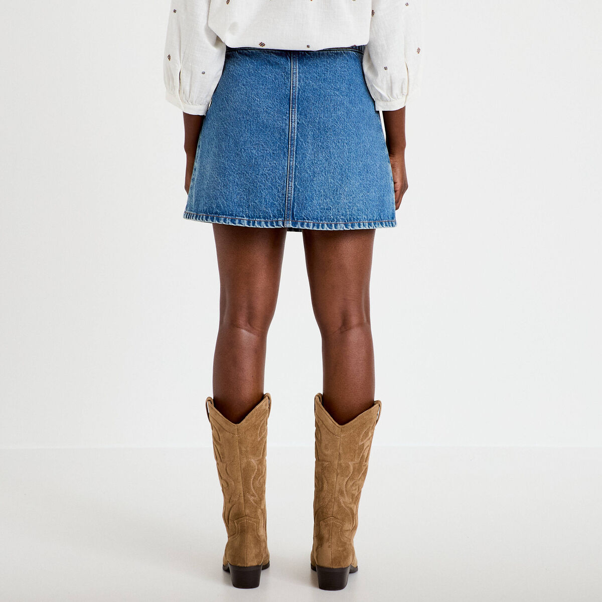 Jupe-short trap&egrave;ze en jean denim double stone femme