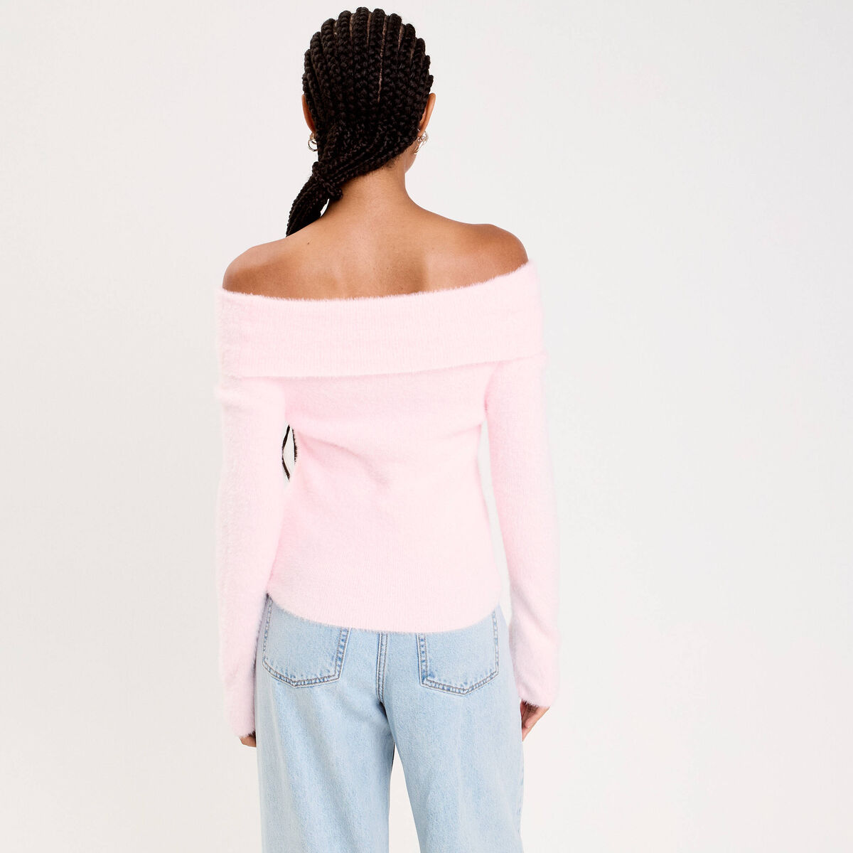 Pull ajust&eacute; col bardot manches longues rose clair femme