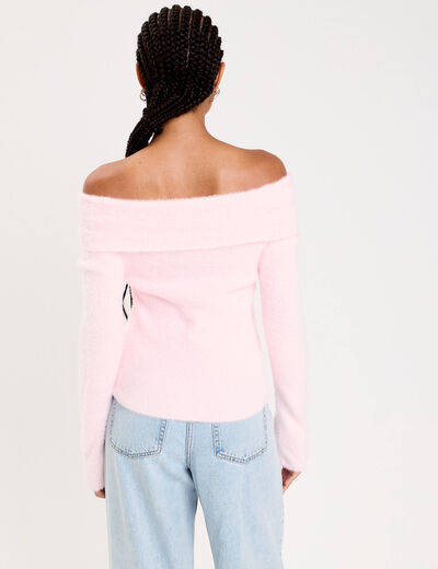 Pull ajust&eacute; col bardot manches longues rose clair femme