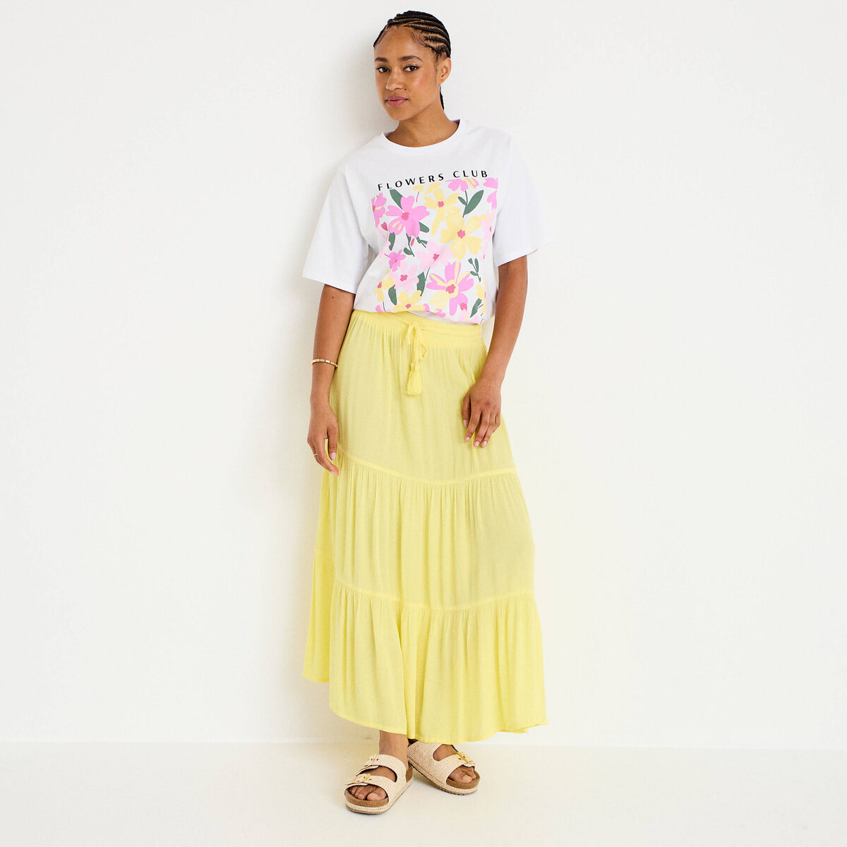 Jupe longue pliss&eacute;e &eacute;vas&eacute;e jaune pastel femme
