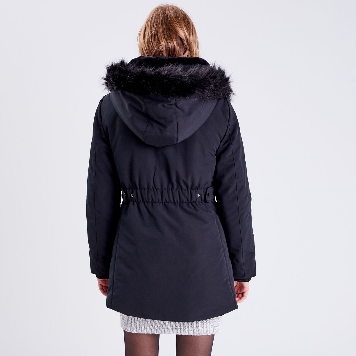 Parka &agrave; capuche fausse fourrure noir femme