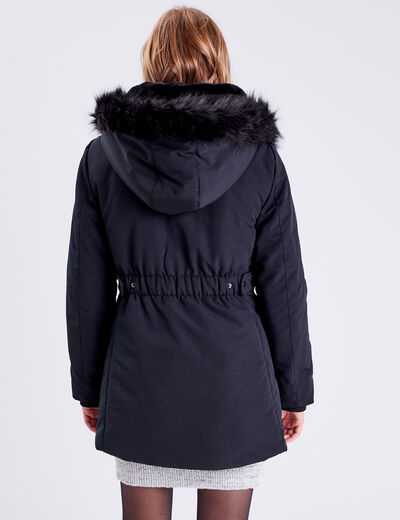Parka &agrave; capuche fausse fourrure noir femme