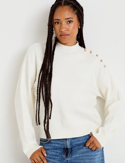 Pull col montant manches longues ecru femme
