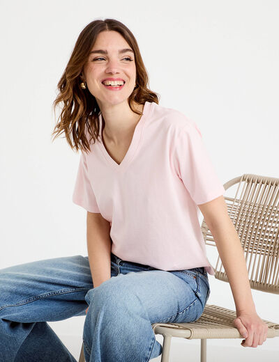 T-shirt col v manches courtes rose clair femme