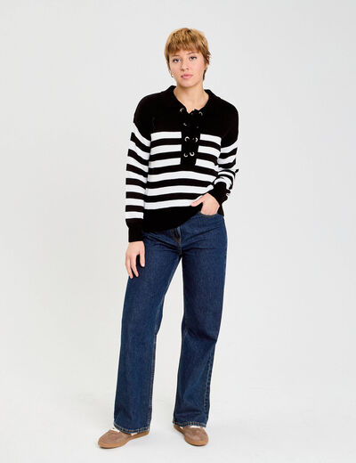 Pull col chemise manches longues noir femme