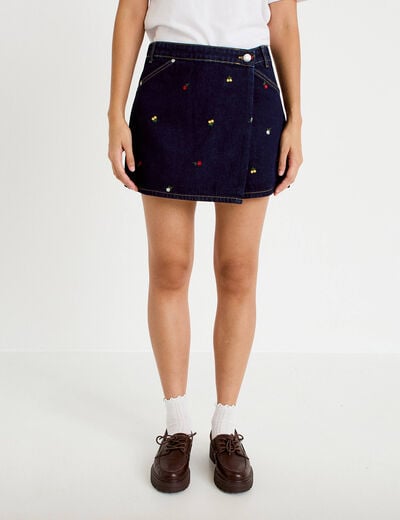 Jupe-short trap&egrave;ze en jean bleu marine femme