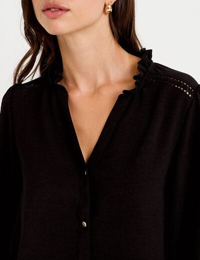 Blouse droite col v manches longues noir femme