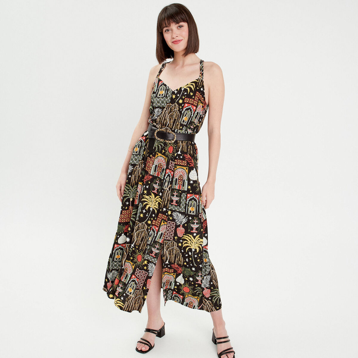 Robe longue &eacute;vas&eacute;e bretelles noir femme