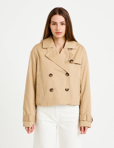 Trench droit court &agrave; capuche amovible beige femme
