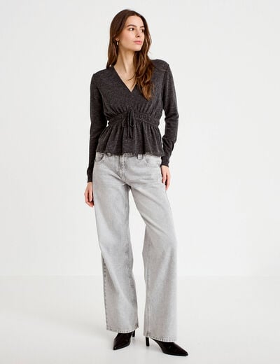 Blouse cintr&eacute;e col v manches longues gris fonc&eacute; femme