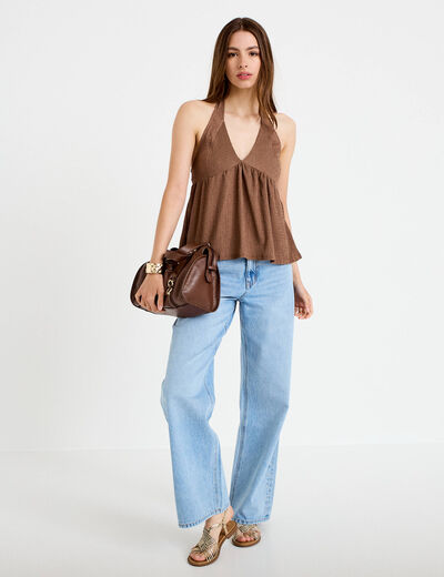 Top d&eacute;collet&eacute; sans manches pliss&eacute; marron fonc&eacute; femme