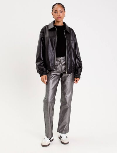 Pantalon droit enduit gris argent femme