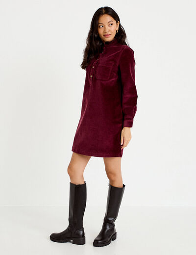 Robe droite velours col montant bordeaux femme