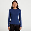 T-shirt cintr&eacute; col rond manches longues bleu fonc&eacute; femme