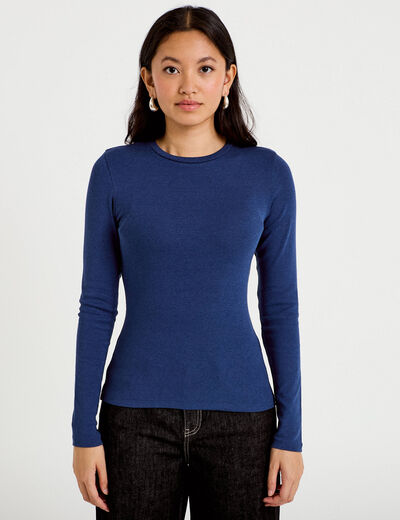 T-shirt cintr&eacute; col rond manches longues bleu fonc&eacute; femme