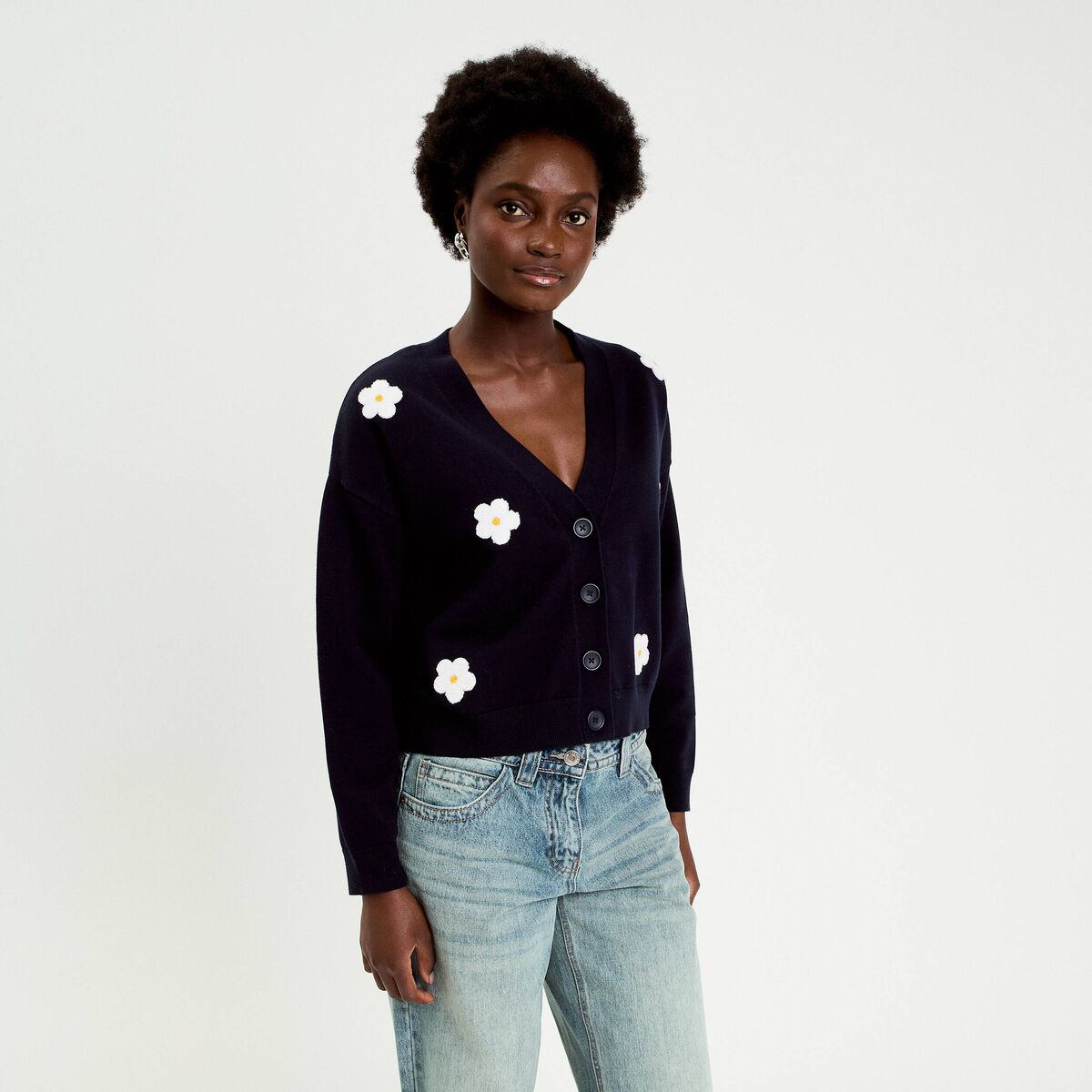 Gilet brod&eacute; col v bleu marine femme
