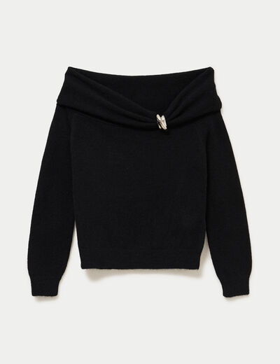 Pull col bardot manches longues noir femme