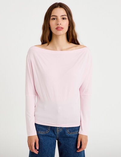 T-shirt col bateau manches longues rose clair femme