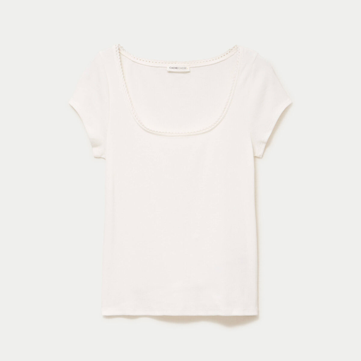 T-shirt cintr&eacute; d&eacute;collet&eacute; manches courtes ecru femme