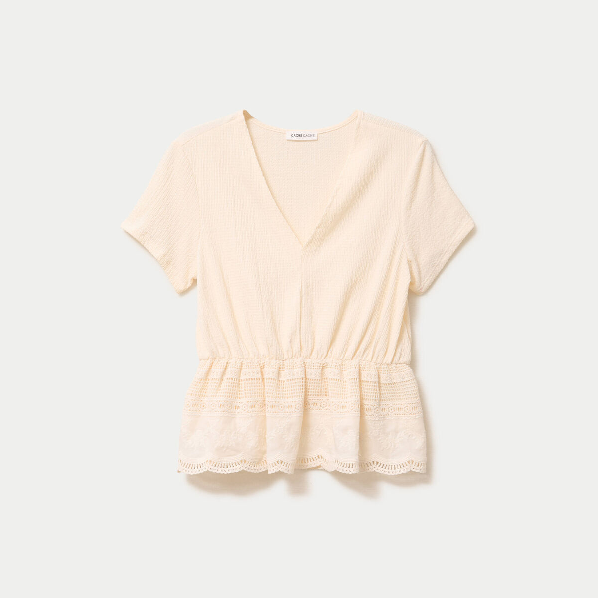 Blouse droite col v manches courtes ecru femme