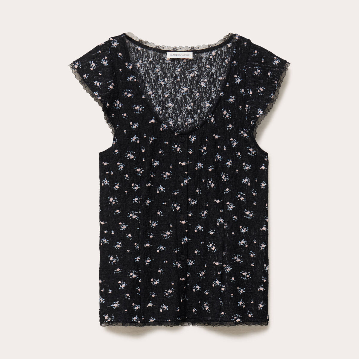 Top boutonn&eacute; d&eacute;tails dentelle noir femme
