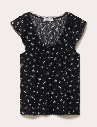 Top boutonn&eacute; d&eacute;tails dentelle noir femme