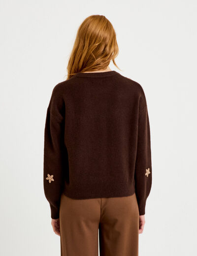 Pull oversize brod&eacute; manches longues marron fonc&eacute; femme