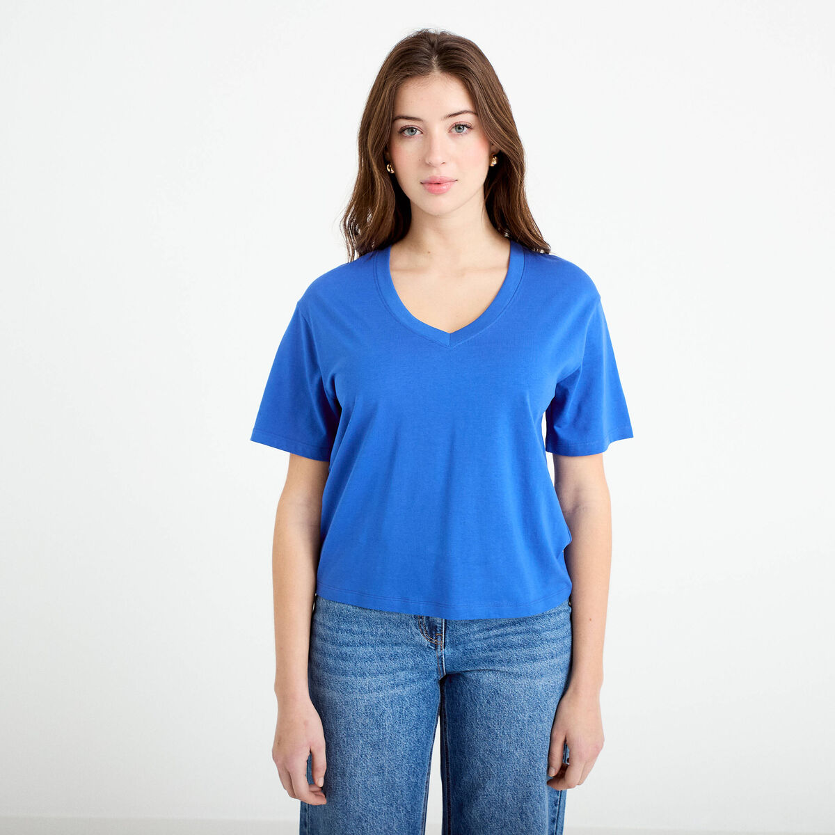 T-shirt col v manches courtes bleu electrique femme