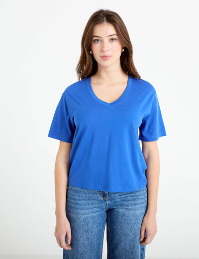 T-shirt col v manches courtes bleu electrique femme