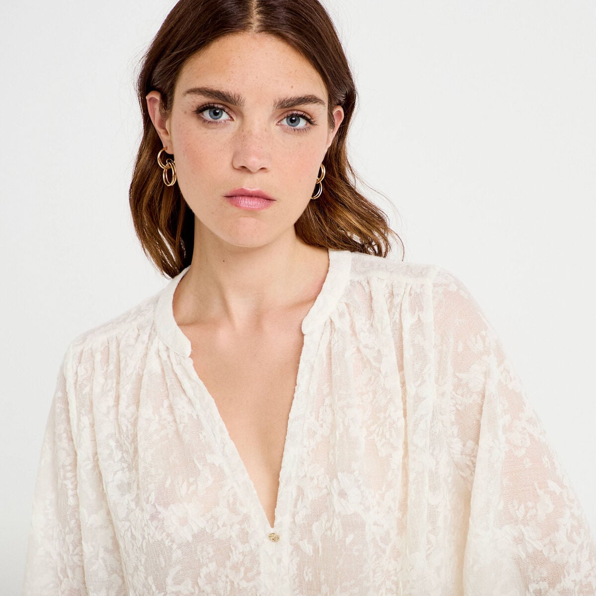 Blouse maille fantaisie ecru femme