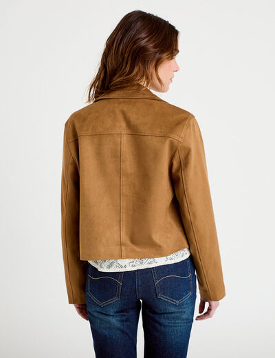 Veste droite cropped aspect daim camel femme