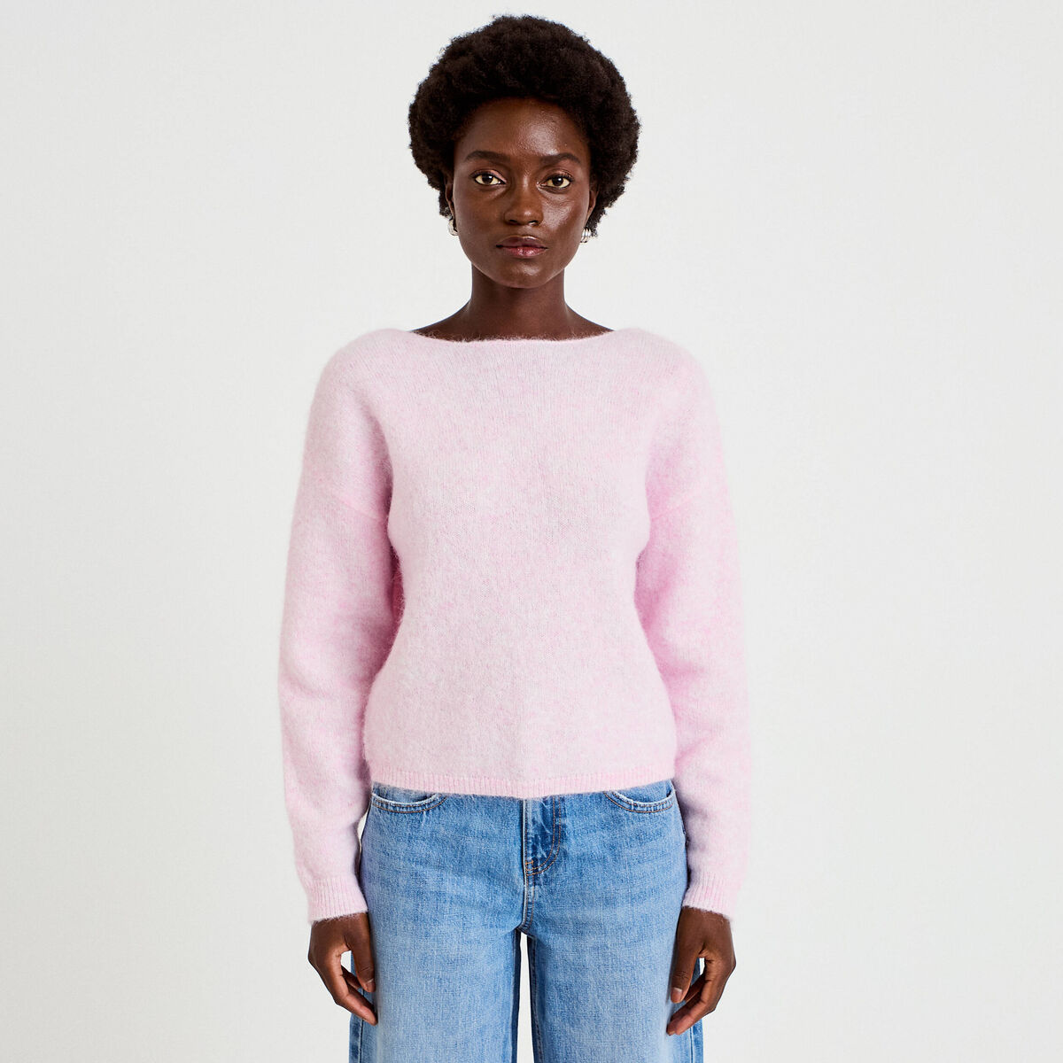 Pull col rond manches longues rose clair femme